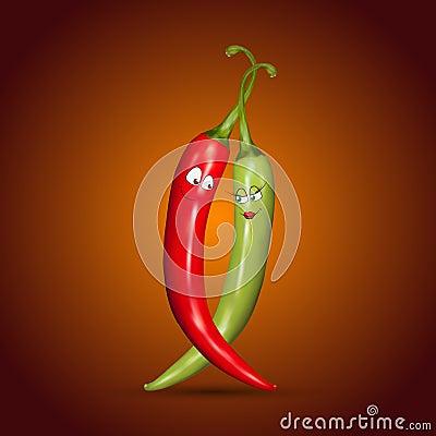 Red and green chilli peppers with smiles Vector Illustration