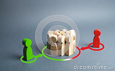 red and green figures of people influence the crowd. Pressure, influence on public opinion, communicating, point of view, mind Stock Photo