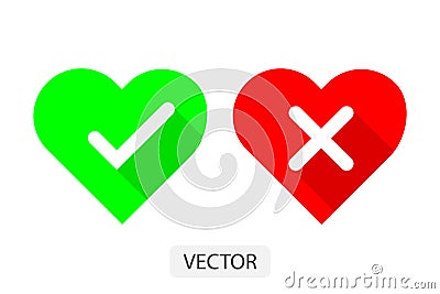 Red and green hearts with Yes and No check marks flat icon vector illustration design for love concept. Vector Illustration