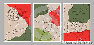 Red and Green Modern Roses Abstract Wall Art Vector Illustration