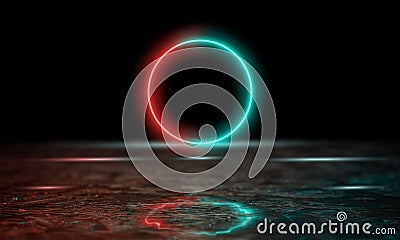 Neoned lines futuristic aesthetics. Glowing neon futuristic style on smoked dark background. Wallpaper, background. Stock Photo