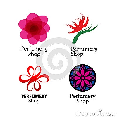 Red, green and purple perfumery brand logos set Vector Illustration