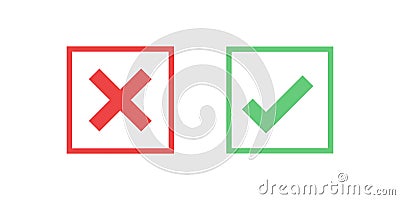 Red and green square icon check mark icon isolated on transparent background. Approve and cancel symbol for design project Vector Illustration