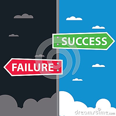 Red and green street signs with blue and stormy sky with words Success and Failure, Success versus Failure Vector Illustration