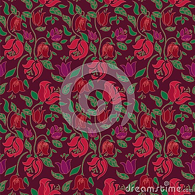 Red and green tulip and rose floral textile vector seamless pattern. Vector Illustration