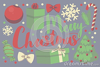 Red and green vector typography Merry Christmas seasonal greeting card with gift box, christmas bauble, snow flake, candy cane Stock Photo