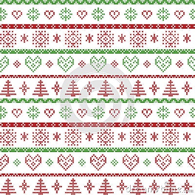 Red and green on the white background Nordic Christmas pattern with snowflakes and forest xmas trees decorative ornaments in Vector Illustration