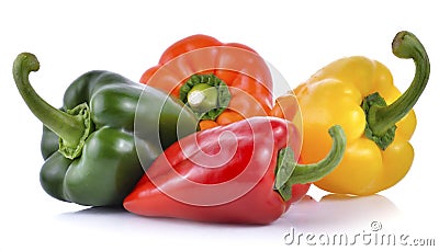 Red, green and yellow bell peppers isolated on white background Stock Photo