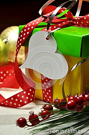 Red, Green and Yellow Christmas Present Closeup Stock Photo