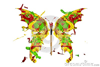 Red green yellow paint splash made butterfly Stock Photo