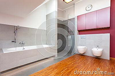 Red and grey modern bathroom Stock Photo