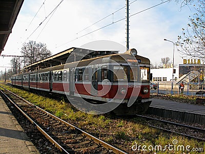Old electric multiple unit En57 operated by Przewozy Regionalne in Cesky Tesin station in Czechia. Editorial Stock Photo