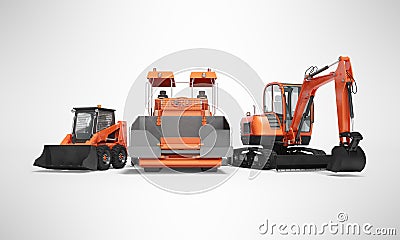 Red group of heavy machinery excavator mini paver loader front view 3d illustration on gray background with shadow Cartoon Illustration