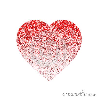 Red grunge distressed textured hand made heart made of paint spray with drops, dribble, sprinkle. Halftone from scarlett to light Vector Illustration