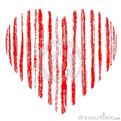 Red grunge hand drawn striped heart made of brush strokes. Distressed rough scarlet stripes.Symbol of love and valentine`s day. Ve Vector Illustration