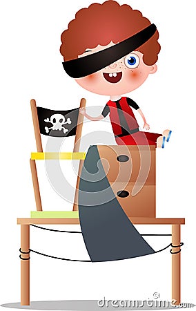 Red hair boy with black eye band play pirate Vector Illustration