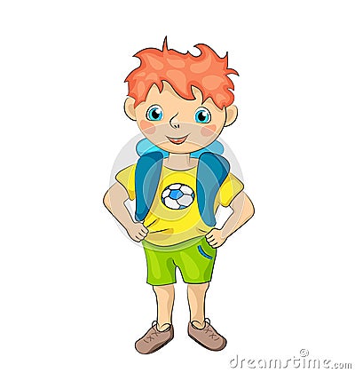 Red hair boy with happy smile and football t-shirt. Cute boy smiling illustration on white background Vector Illustration