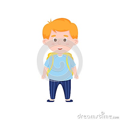 Red hair funny school boy with yellow backpack Vector Illustration