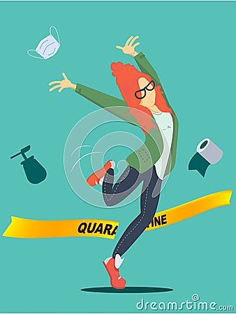 Red hair girl women in a jump and is happy to end the quarantine . Cut the yellow ribbon quarantine and scattered mask medical and Vector Illustration