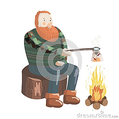 A red hair man with a beard is sitting on a stump near fire Vector Illustration