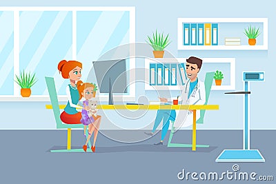 Red hair mother with her daughter on the pediatrician examination at polyclinic reception. Vector Illustration