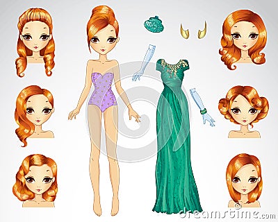 Red Hair Set For Green Paper Doll Vector Illustration