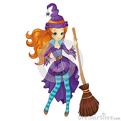 Red Hair Witch With Broom Vector Illustration