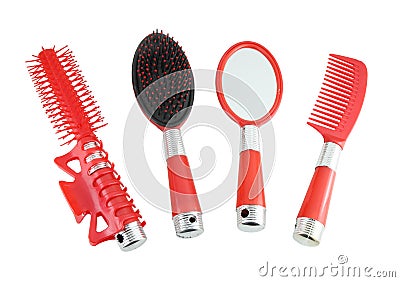 Red hairbrushes set Stock Photo