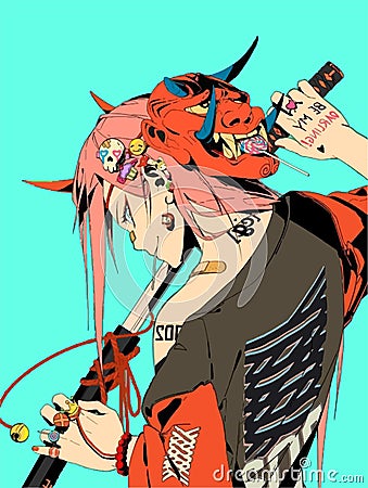 Red-haired anime girl with tattoos holding a sword in her hands Vector Illustration