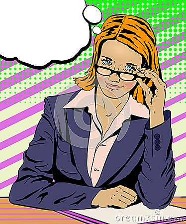 Red-haired businesswoman with glasses in a blue jacket Vector Illustration