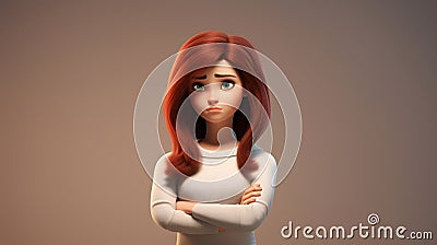 Serious Red-Haired Cartoon Woman With Thinking Pose. Generative AI Stock Photo