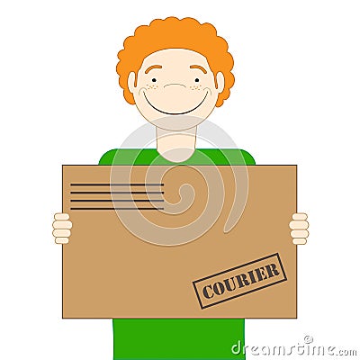 The red-haired cute courier is holding a parcel in his hands. Delivery Vector Illustration