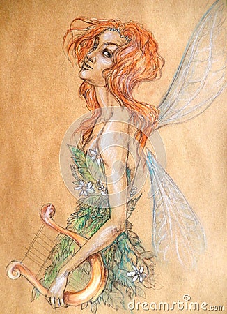 A red-haired fairy with a harp Stock Photo