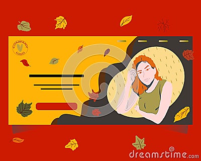 Red-haired girl with autumn leaves background Cartoon Illustration