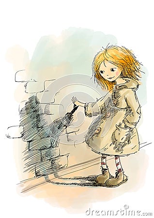 Red-haired girl in a coat looks at his shadow Vector Illustration