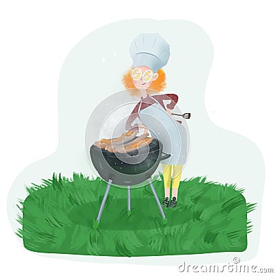 Red-haired girl in glasses makes a barbecue on the lawn Stock Photo