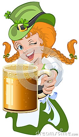 Red haired girl leprechaun holding a glass beer mug Vector Illustration