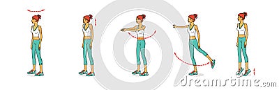 Red-haired girl performs exercises, various swings, turns, lifts to strengthen the muscles of the body Stock Photo