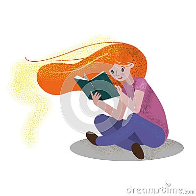 Red haired girl reading the book Vector Illustration