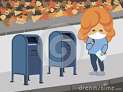 Red Haired Girl Standing Near Mailbox in Autumn Vector Illustration