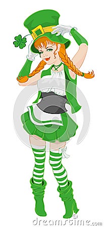 Red-haired girl in suit Patrick. Masquerade Carnival St. Patricks Day Vector Illustration