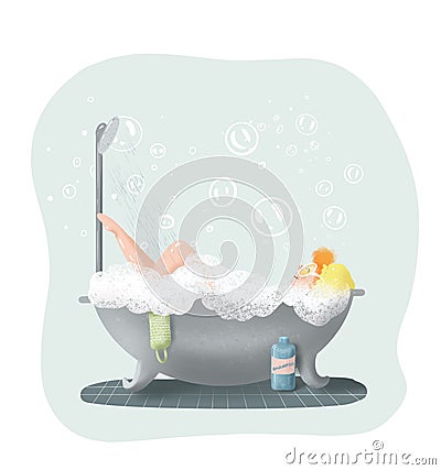 Red-haired girl in a yellow cap, lying in the bathroom, bathing. Lots of foam un bubbles Stock Photo