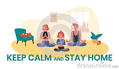 Red-haired girls doing yoga at home while their dog is sleeping near them. Keep calm and stay home vector illustration Vector Illustration