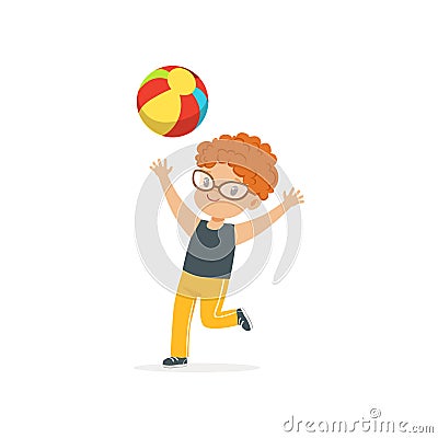 Red-haired little kid playing with colorful rubber ball in kindergarten playground. Summer outdoor activity or game Vector Illustration