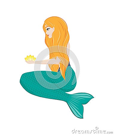 The red-haired mermaid sits and holds a flower in his hands. Water nymph Stock Photo