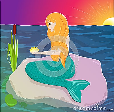 The red-haired mermaid sits on a rock and holds a flower in his hands. Water nymph Vector Illustration