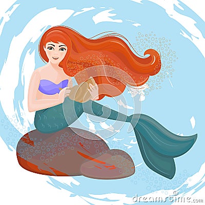 RED HAIRED MERMAID Underwater Princess Vector Illustration Set Stock Photo