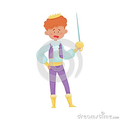Red Haired Prince with Golden Crown Wearing Dressy Costume Doing Fencing Vector Illustration Vector Illustration