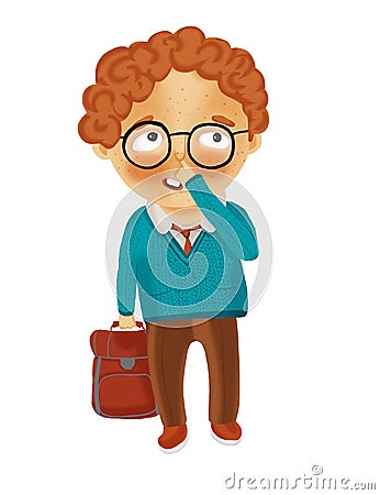 Red-haired schoolboy stands with a briefcase and picks his nose Stock Photo
