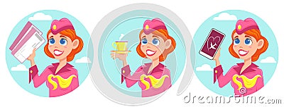 Red-haired smiling stewardess with blue eyes in a pink uniform Vector Illustration